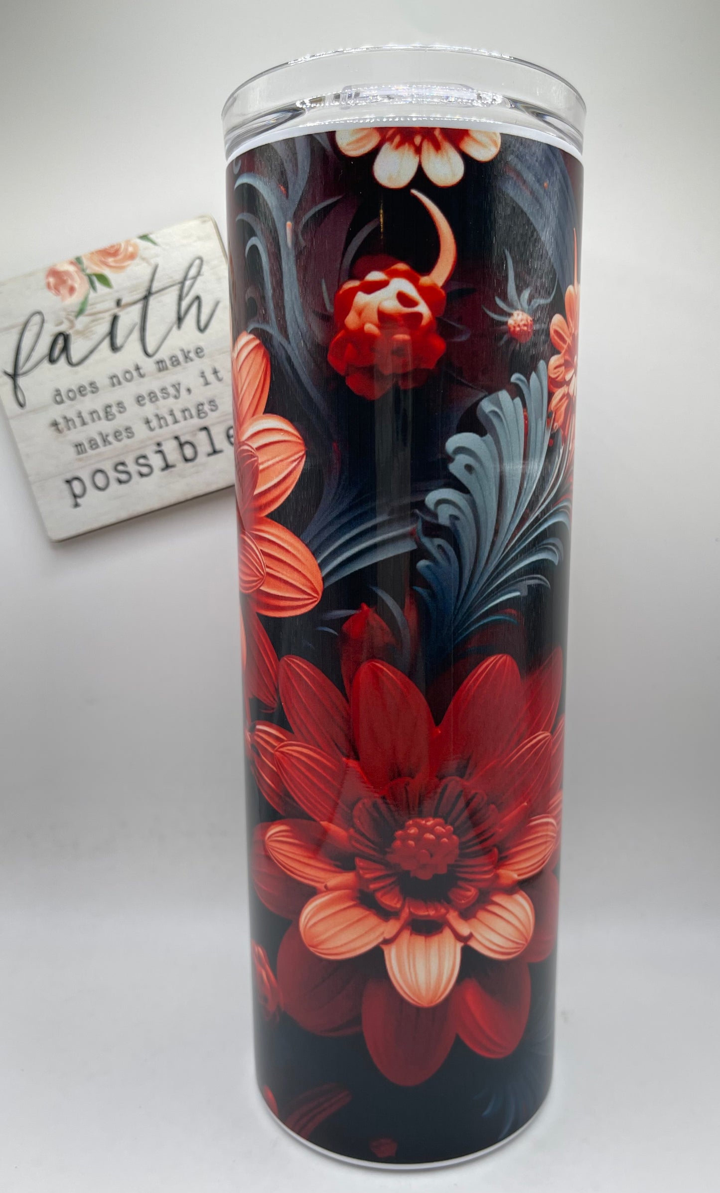 20oz Tall Skinny 3d Floral (Black-Burt orange)