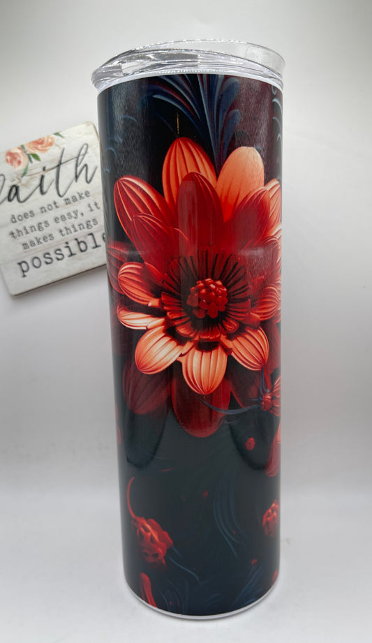 20oz Tall Skinny 3d Floral (Black-Burt orange)