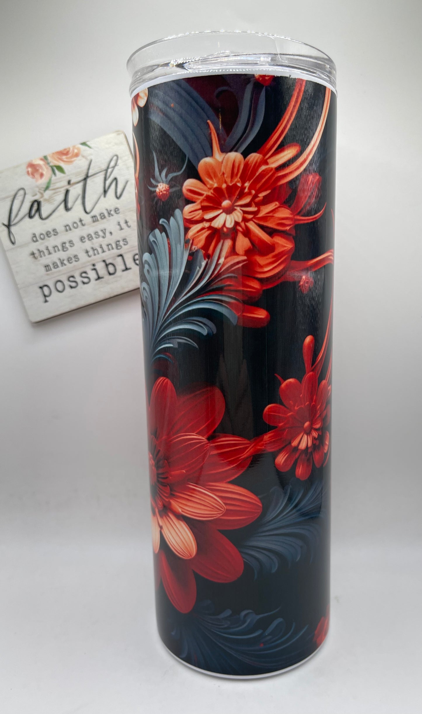 20oz Tall Skinny 3d Floral (Black-Burt orange)